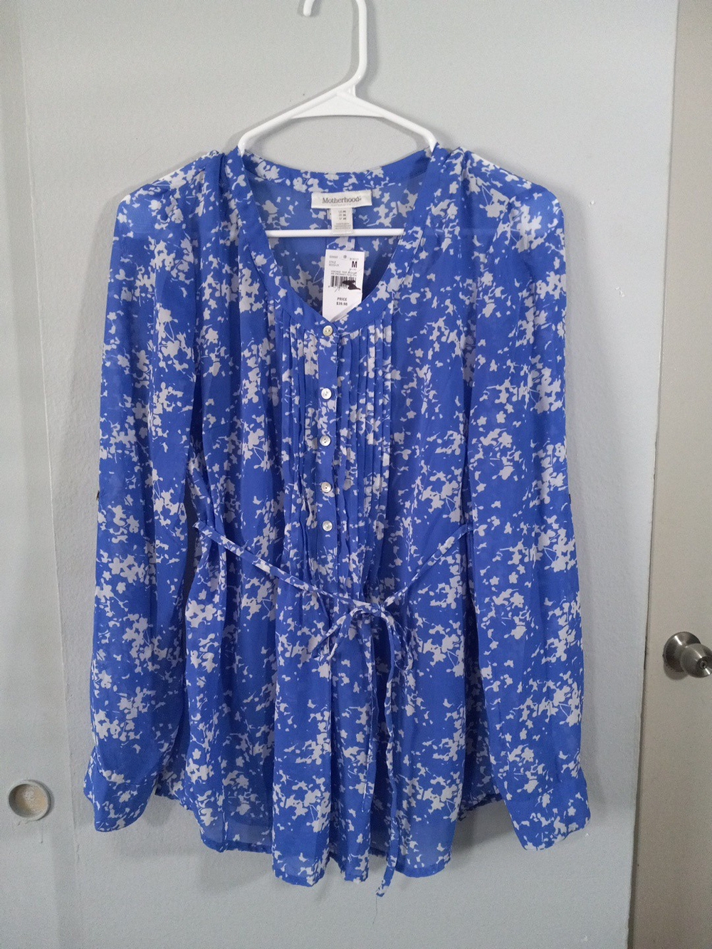 Motherhood Maternity Blue Floral Tie-Waist Blouse Size M NWT
